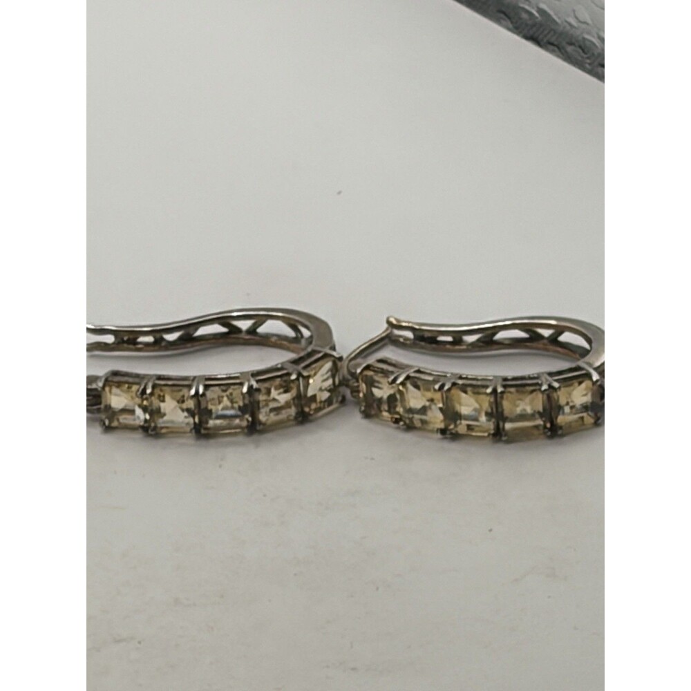 925 Sterling Silver Vintage Yellow stone Hoop Pierced Earrings